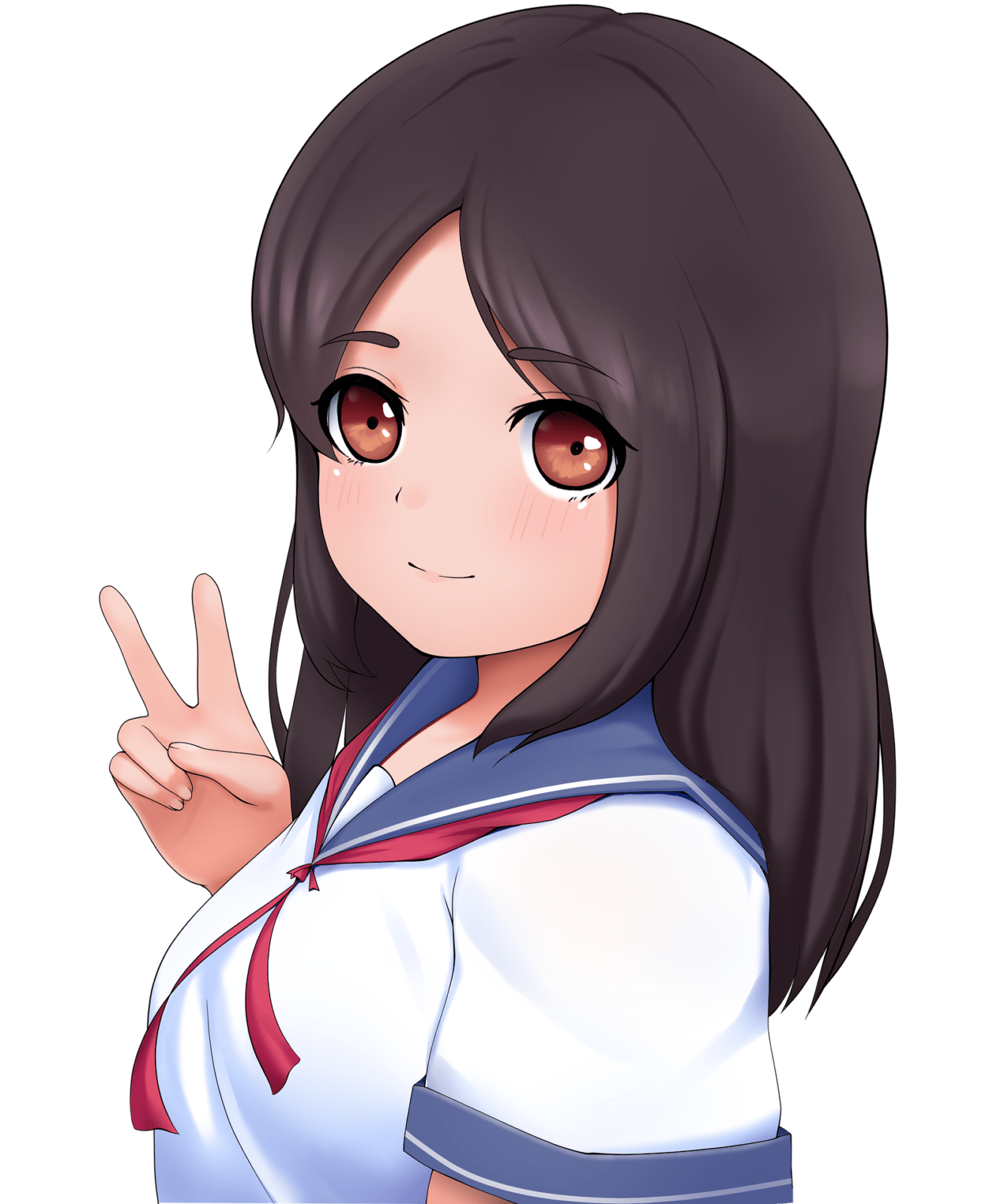 anime girl character smiling and making a peace sign